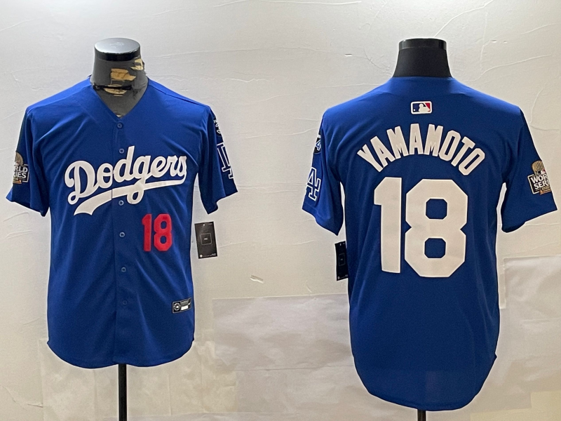 Men Los Angeles Dodgers 18 Yamamoto 2024 World series patch blue jersey 20241120123
